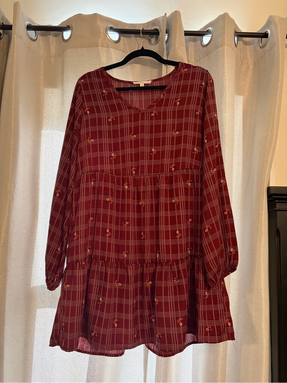 BeBop Burgundy Plaid Tiered Long Sleeve Dress with Tiny Floral Accents